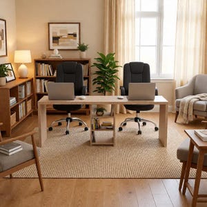 Può includere: Un ufficio domestico con due sedie da ufficio nere, due laptop e una scrivania in legno chiaro. La stanza presenta una palette di colori neutri, un tappeto tessuto e una libreria piena di libri. Una pianta aggiunge un tocco di verde.