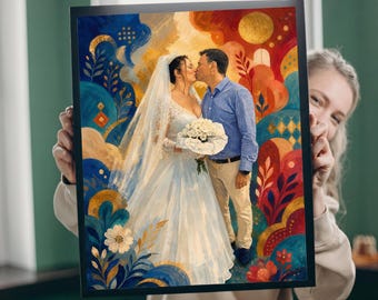 Custom Couple Portrait from Photo, Personalized Anniversary Gift for Husband Wife, Oil Watercolor Sketch Painting Canvas Blanket Tote Bag