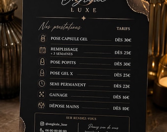 Carte Tarifs Onglerie Noir Or Luxe | Menu Prix Nail Artist Pro | Flyer Prestations Instagram Personnalisable | Je Personnalise 48h