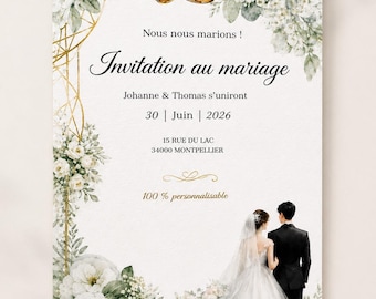 Faire-Part Mariage Digital Chic Floral | Save The Date Élégant Personnalisé | Invitation WhatsApp PDF | Je Personnalise 48h