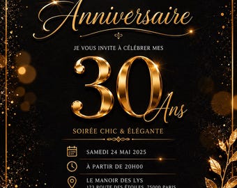 Invitation Anniversaire Digitale Noir et Or | Carte Luxe Chic Adulte Personnalisée | Fichier PDF Story WhatsApp | Je Personnalise 48h