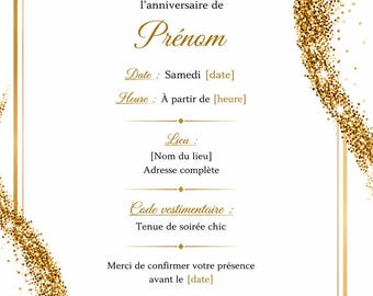 Invitation Anniversaire Digitale Adulte Blanc Or Luxe | Carte Élégante Chic Personnalisée | PDF Story WhatsApp | Je Personnalise 48h