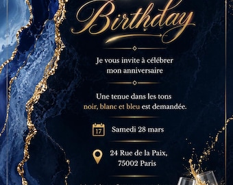 Invitation Anniversaire Digitale Adulte Bleu Or Luxe | Carte Chic Élégante Personnalisée | PDF Story WhatsApp | Je Personnalise 48h
