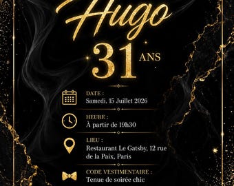 Invitation Anniversaire Digitale Adulte Noir Or Luxe | Carte Chic Élégante Personnalisée | PDF Story WhatsApp | Je Personnalise 48h