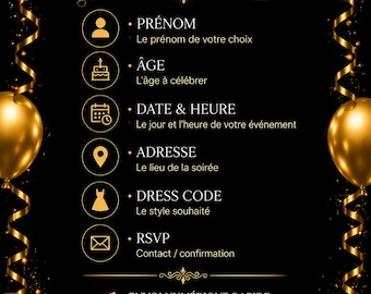 Invitation Anniversaire Noir et Or Personnalisée | Invitation Digitale Chic Adulte Femme | Carte Luxe à Envoyer | Je Personnalise 24h