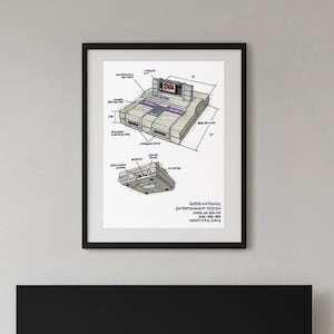 Op de afbeelding: Een ingelijste print van een diagram van een Super Nintendo Entertainment System hangt boven een tv. Het diagram toont de boven- en onderaanzichten van de console met afmetingen. De tv staat op een houten mediaconsole met een zwart frame. Een kleine plant staat op de console.