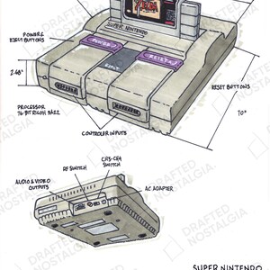 Super Nintendo (SNES) – industriële renderingkunst | Digitale download | Professionele handgetekende technische markeringsillustratie