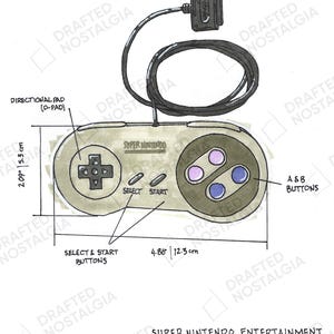 May include: Illustration of a Super Nintendo Entertainment System controller. The controller is light gray with a directional pad, A & B buttons, select and start buttons. The controller measures 4.86 inches (12.3 cm) wide and 2.09 inches (5.3 cm) tall.