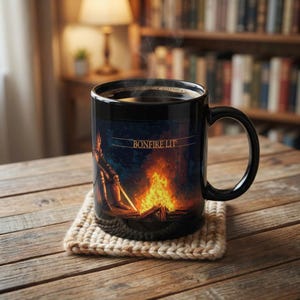 Dark Souls Kaffeebecher, Lagerfeuer beleuchtet, Gamer Geschenk