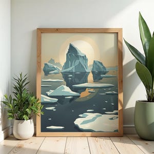 Póster minimalista de icebergs antárticos – Arte mural del Polo Sur – Paisaje de hielo azul y dorado – Decoración ártica moderna