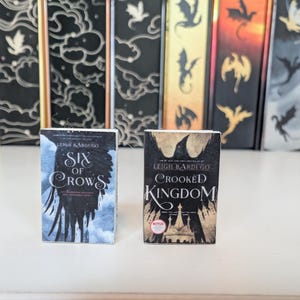 May include: Two miniature books titled Six of Crows and Crooked Kingdom by Leigh Bardugo. The Six of Crows cover features a black crow illustration on a blue background. The Crooked Kingdom cover displays a black crow on a gold background.
