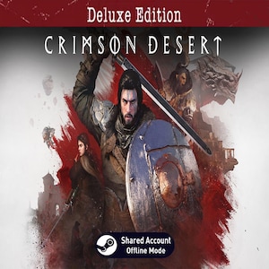 Könnte beinhalten: Deluxe Edition Cover-Art für das Videospiel "Crimson Desert". Ein Krieger mit Schwert und Schild ist die zentrale Figur, mit anderen Charakteren und einem Drachen im Hintergrund. Das Steam-Logo und der Text "Shared Account Offline Mode" sind ebenfalls sichtbar.