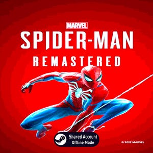May include: A promotional image for the video game "Spider-Man Remastered" against a red background. The Marvel logo is at the top, with the game title in white. Spider-Man is in a dynamic pose, with blue and red suit. The Steam logo and text are at the bottom.