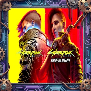 Peut inclure: Image promotionnelle pour Cyberpunk 2077: Phantom Liberty. L'image présente deux personnages vêtus de tenues futuristes, sur fond jaune et rouge. Le logo du jeu est affiché, ainsi que le titre "Phantom Liberty."