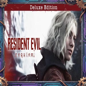 May include: Deluxe Edition game box for Resident Evil Requiem. The box features a woman with gray hair and a brown jacket. The game title is in red, with a decorative border in shades of purple, blue, and gold.
