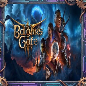 Peut inclure: Image promotionnelle pour Baldur's Gate, avec un logo doré sur un ciel dramatique bleu foncé et orange. Plusieurs personnages sont représentés, avec une figure centrale tendant la main. L'image a une bordure décorative avec des engrenages et des motifs de circuits imprimés.