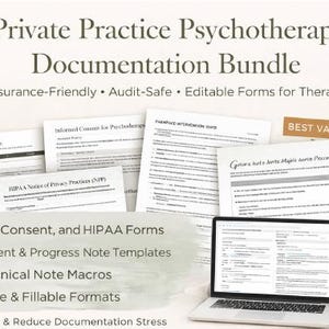Może przedstawiać: Obraz dokumentów i laptopa wyświetlającego formularze do dokumentacji psychoterapii. Obraz zawiera formularze przyjęcia, zgody i HIPAA, a także szablony notatek z leczenia i postępów. Tekst brzmi "Private Practice Psychotherapy Documentation Bundle".