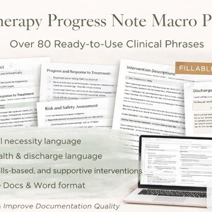 Puede incluir: Un paquete de macros de notas de progreso de terapia digital con más de 80 frases clínicas listas para usar. Incluye formatos rellenables, necesidad médica, telesalud y lenguaje de alta. Compatible con Google Docs y Word. Un portátil muestra los documentos.