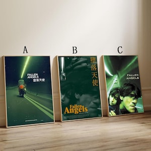May include: Three framed film posters for "Fallen Angels", with English and Chinese text. The posters display images of a motorbike on a road, two people, and a person smoking. The posters have a green colour scheme.