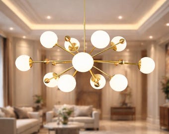 Handgemaakte koperen Spoetnik-kroonluchter 12-lichts moderne moderne plafondlamp uit het midden van de eeuw Gold Globe-hanglamp Luxe huisverlichting