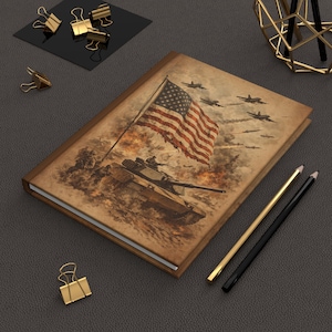 Military Hardcover Journal, American Flag Battle Scene, Army Retirement Gift, Deployment Notebook