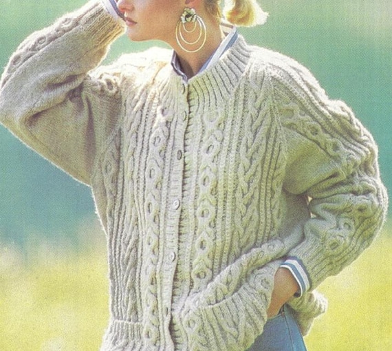 Vintage Aran Cable Knit Cardigan Pattern | 1980s Retro Style (PDF Download)