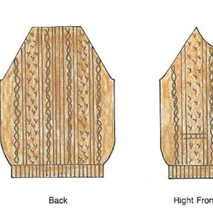 Pu&ograve; includere: Illustrazione di un design di maglione beige, che mostra le viste posteriore e anteriore destra. La vista posteriore mostra una forma di maglione completa con motivi a treccia verticale e punto catenella. La vista anteriore destra mostra un maglione parziale con una tasca.