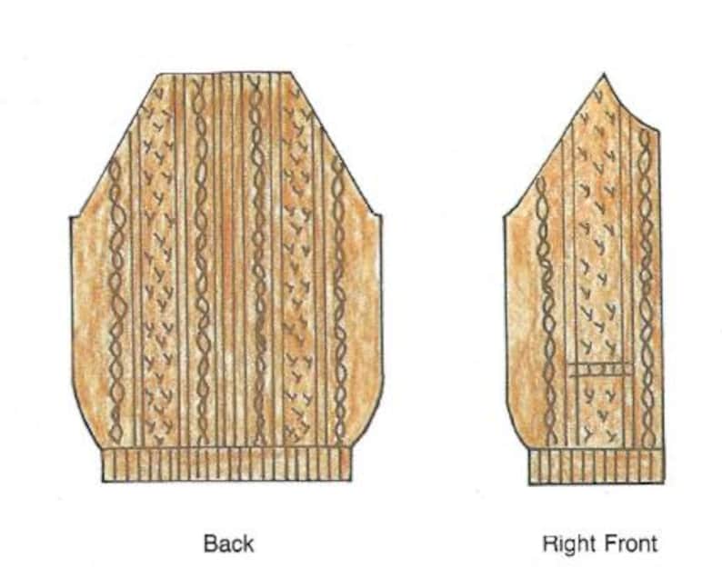 Pu&ograve; includere: Illustrazione di un design di maglione beige, che mostra le viste posteriore e anteriore destra. La vista posteriore mostra una forma di maglione completa con motivi a treccia verticale e punto catenella. La vista anteriore destra mostra un maglione parziale con una tasca.