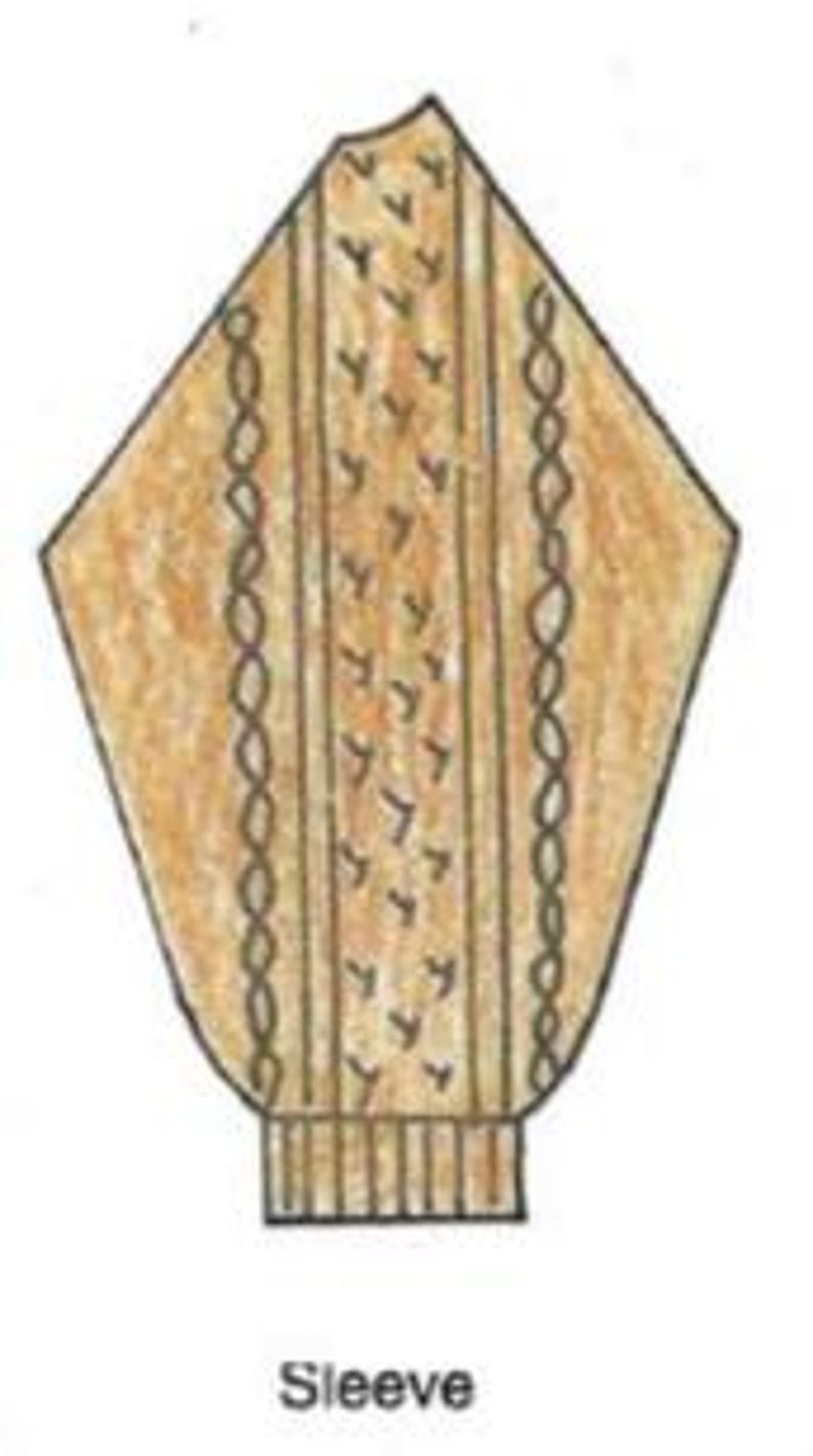 Pu&ograve; includere: Illustrazione di una manica di maglione beige con polsino a coste. La manica presenta un motivo a trecce sui lati e un motivo di piccoli chevron al centro. La parola "Sleeve" &egrave; scritta in basso.