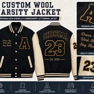 Può includere: Una giacca varsity in lana nera con maniche in pelle color crema, caratterizzata dal testo "Dream Big Work Hard Stay Humble" e dal numero "23". Il retro mostra "CHEEMA", "23" e "Est. 2024" in ricamo dorato e toppe in ciniglia.