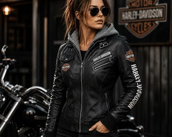 Harley Davidson-damesjack met capuchon echt rundleer – geborduurde motorjas voor dames Cadeau voor haar