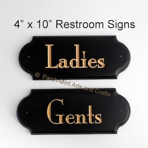 ENGRAVED Ladies and Gents Restroom / Bathroom Black Art Deco Decor Sign Set - 4" x 10" Solid Wood Wooden