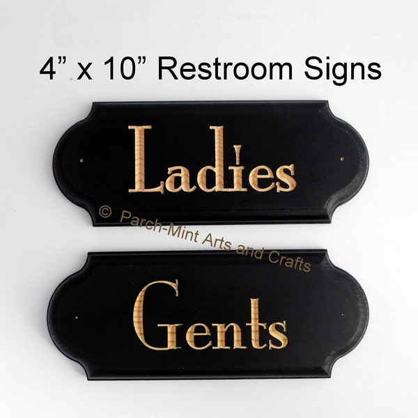 ENGRAVED Ladies and Gents Restroom / Bathroom Black Art Deco Decor Sign Set - 4" x 10" Solid Wood Wooden