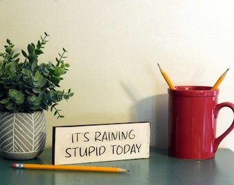 May include: A red ceramic mug with two pencils, a small potted plant, and a wooden sign that reads "IT'S RAINING STUPID TODAY" are on a teal surface. A single pencil rests in front of the sign.