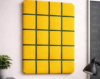 Yellow velvet fabric noticeboard for memos, photos, business cards. Green ribbon in square grid pattern. Great display board.