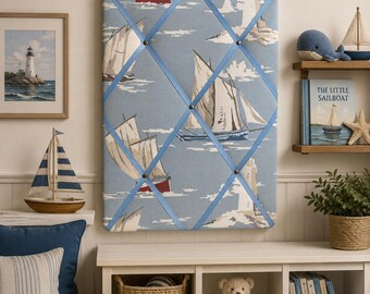 Handmade Fabric Noticeboard: Nautical Boat Seaside Linen with Blue Ribbon - storage and organisation for photos, notes, cards