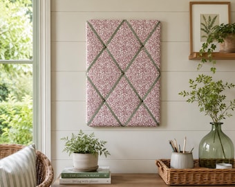Handmade Fabric Noticeboard ~ Pink Floral with Sage Green ribbon ~ memos, photos, notes storage organisation