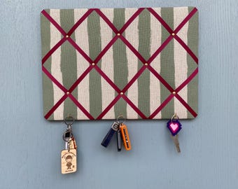 Handmade Green Stripe Fabric Noticeboard with Burgundy Ribbon ~ Storage and organisation for photos, memos, keys, medals ~ with hooks