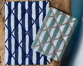 Handmade Linen and Ribbon Noticeboard ~ Stripes in Green or Blue ~ 3 Sizes