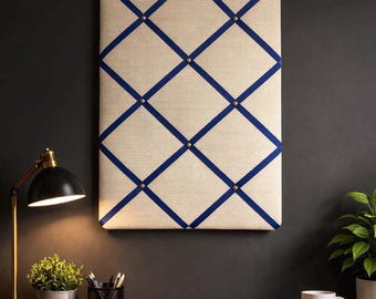 Handmade Fabric Noticeboard with Navy Ribbon and Brass Pins ~ Storage, Organisation and Display for Photos, Memos, and More ~ Office Decor