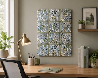 Handmade Fabric Noticeboard ~ Floral design with sage green ribbon in a modern square pattern ~ holds photos, notes, memos, postcards
