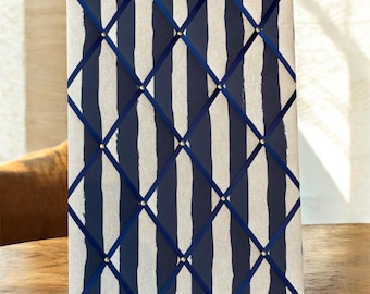 Handmade Fabric and Ribbon Noticeboard ~ Stripes in Navy Blue ~ 3 Sizes