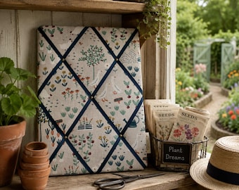 Handmade Fabric Noticeboard: Garden Allotment Linen with Dark Green Teal Ribbon - storage and organisation for photos, notes, cards