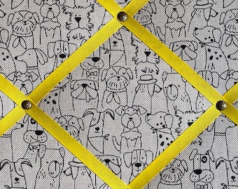 Handmade Fabric Noticeboard: Dog Themed Linen with Yellow Ribbon - storage and organisation for photos, notes, cards