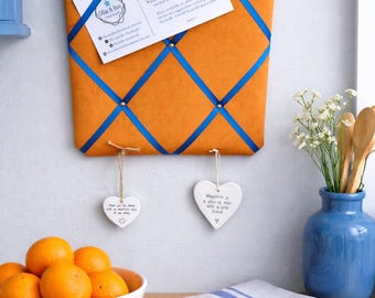 Orange Velvet Noticeboard with Blue Ribbon and Brass Hooks ~ Organisation and Display for Keys, Photos, Memos, and More ~ Office Decor