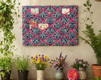Handmade Fabric Noticeboard ~ Trailing Thistle in Navy, Hot Pink ribbon