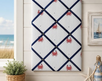 Handmade Fabric Noticeboard: Crab Seaside Linen with Navy Ribbon - storage and organisation for photos, notes, cards