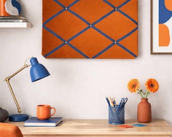 Orange Velvet Noticeboard with Blue Ribbon and Brass Pins ~ Storage, Organisation and Display for Photos, Memos, and More ~ Office Decor