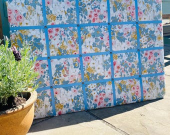 Handmade Fabric Noticeboard ~ Floral design with blue ribbon in a square pattern