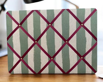Handmade Green Stripes Fabric Noticeboard with Red Burgundy Ribbon ~ Storage, organisation and display for photos, memos, and more